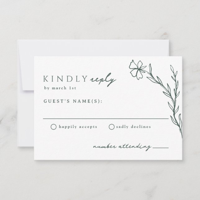 Dark Moss Emerald Green Modern Stenciled Botanical RSVP Card (Front)