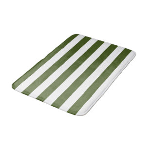 Dark Moss Green and White Stripes Bath Mat