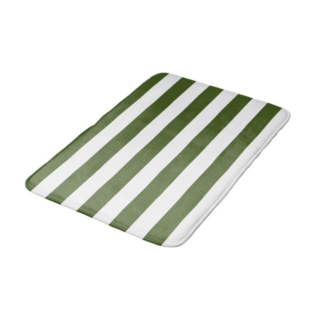 Dark Moss Green and White Stripes Bath Mat (Angled)