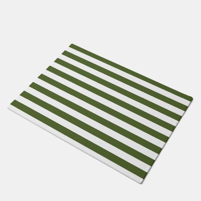 Dark Moss Green and White Stripes Doormat (Angled)