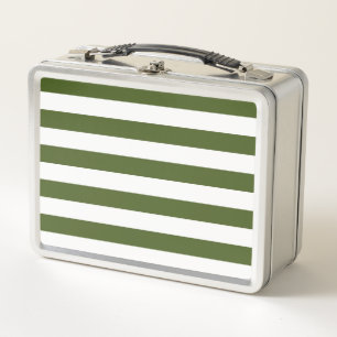 Dark Moss Green and White Stripes Metal Lunch Box