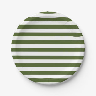 Dark Moss Green and White Stripes Paper Plate