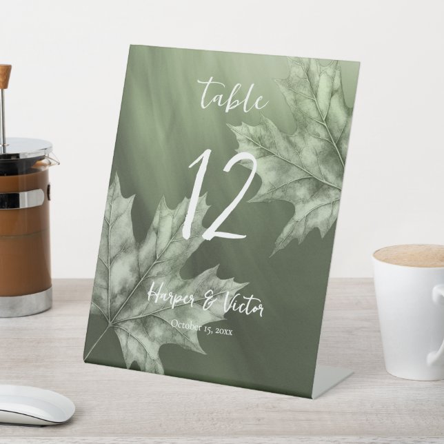 dark moss green maple leaves accent fall wedding pedestal sign (In SItu)