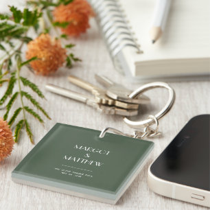 Dark Moss Green Minimalist Scandi Wedding Key Ring