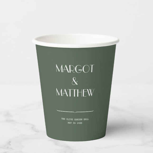Dark Moss Green Minimalist Scandi Wedding Paper Cups (Front)