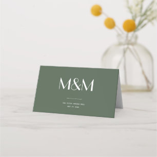 Dark Moss Green Minimalist Scandi Wedding Seating Place Card