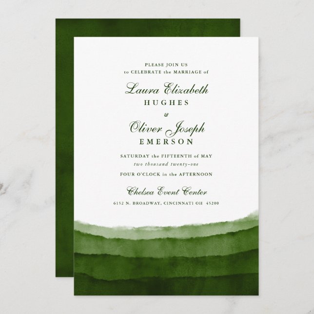 Dark Moss Green Watercolor Wedding Invitations (Front/Back)