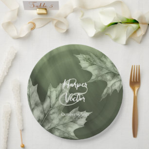 dark moss green with maple leaves fall wedding paper plate