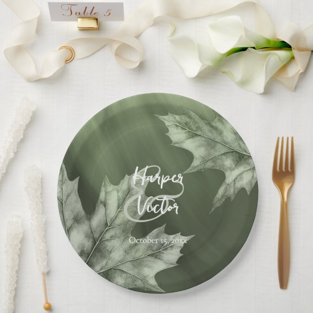 dark moss green with maple leaves fall wedding paper plate (Wedding)