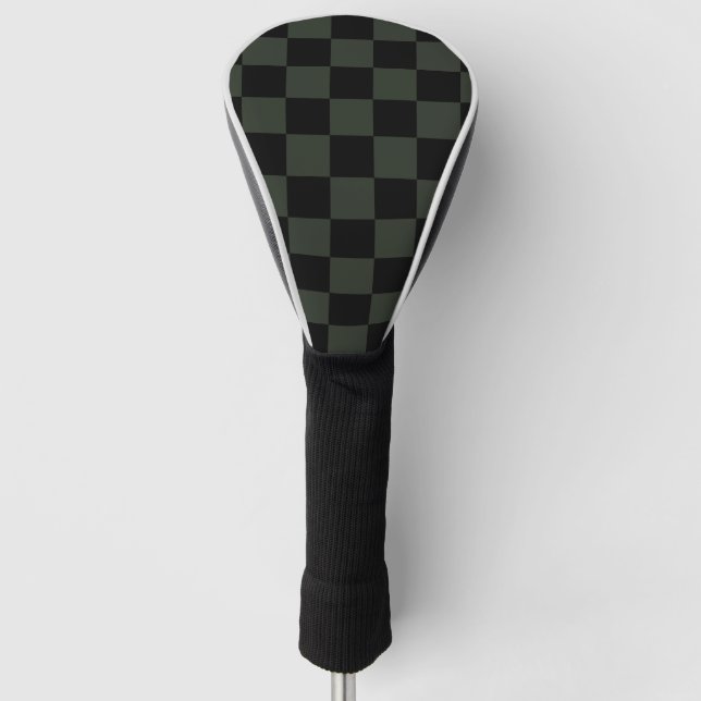Dark Muted Green & Black Checkered Pattern Golf Head Cover (Front)