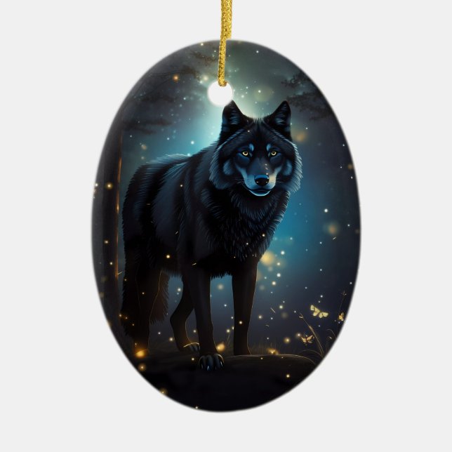 Dark Mysterious Black Wolf  Ceramic Tree Decoration (Front)