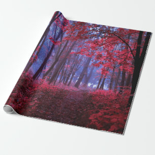 Dark mysterious forest in pink tones. Mystical aut Wrapping Paper