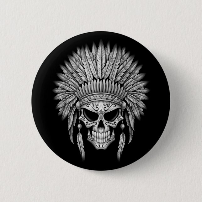 Dark Native Sugar Skull with Headdress 6 Cm Round Badge (Front)