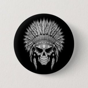 Dark Native Sugar Skull with Headdress 6 Cm Round Badge