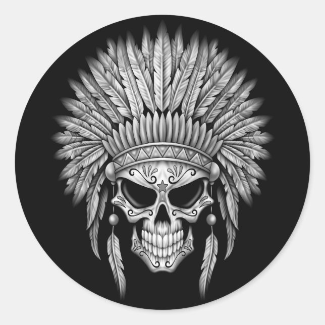 Dark Native Sugar Skull with Headdress Classic Round Sticker (Front)
