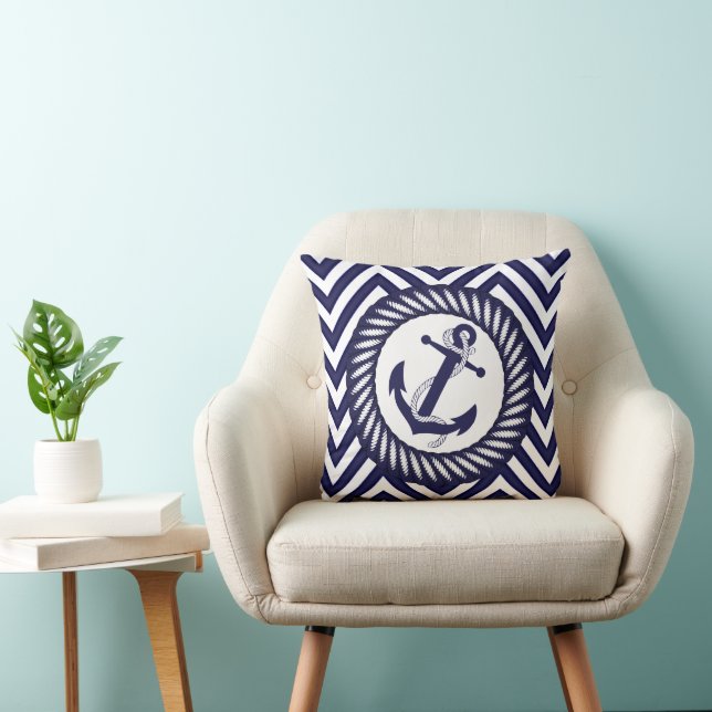 Dark Nautical Blue Anchor Zigzag Chevron Pattern Cushion (Chair)