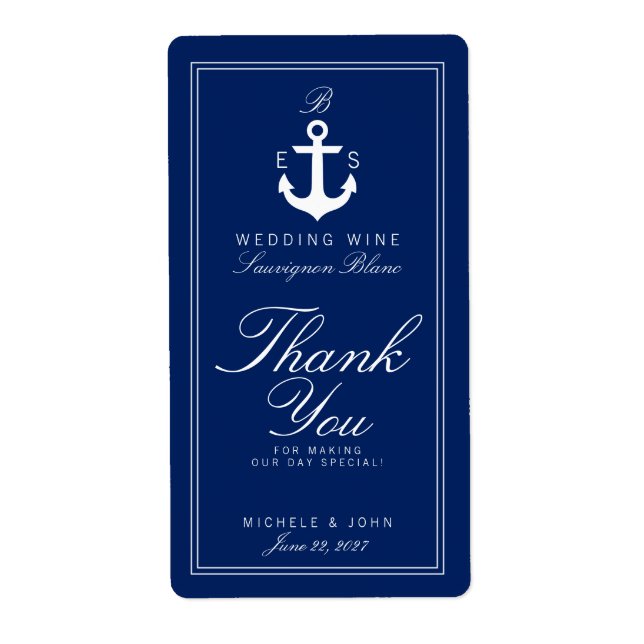 Dark Nautical Monogram Wedding Wine Custom Label (Front)
