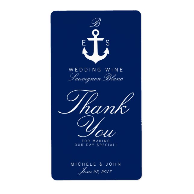 Dark Nautical Monogram Wedding Wine Custom Label (Front)