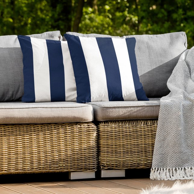 Dark Nautical Navy Blue White Bold Mod Stripes Cushion (Creator Uploaded)