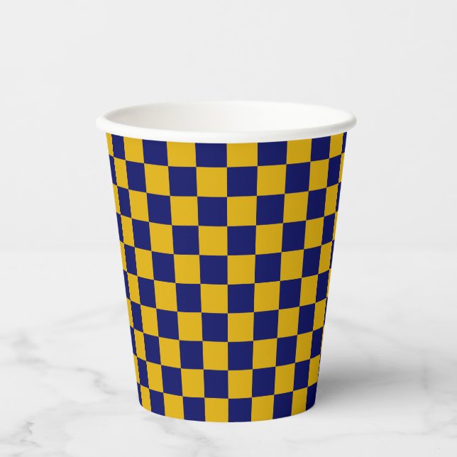 Dark Navy and Mustard Yellow Checkerboard Paper Cups (Front)
