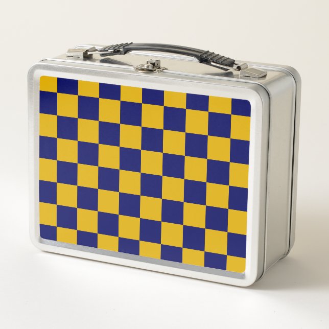 Dark Navy and Mustard Yellow Chequerboard Metal Lunch Box (Front)