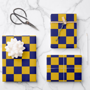 Dark Navy and Mustard Yellow Chequerboard Wrapping Paper Sheet
