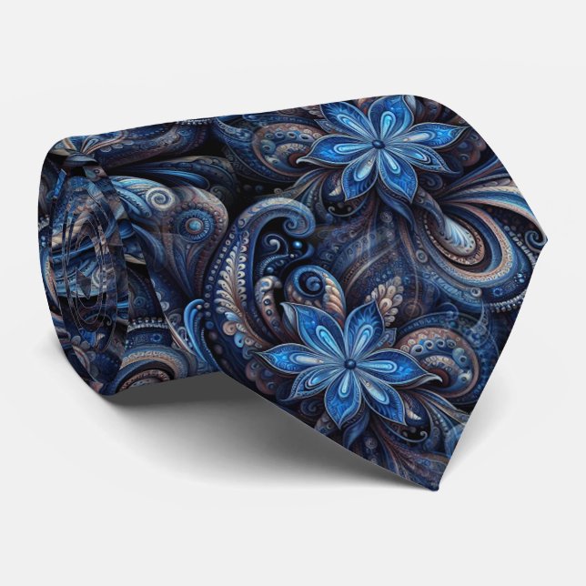 Dark Navy Azure Blue Black Paisley Art Pattern Tie (Rolled)