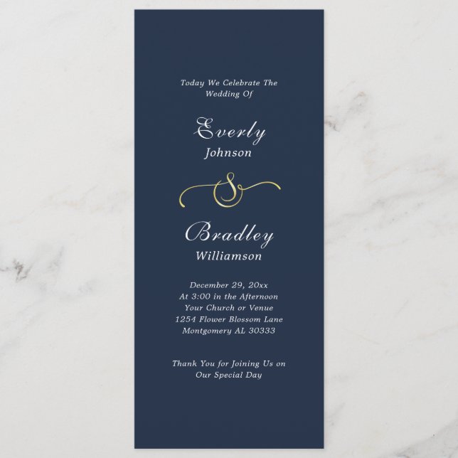 Dark Navy Background Elegant Minimal Wedding Programme (Front)