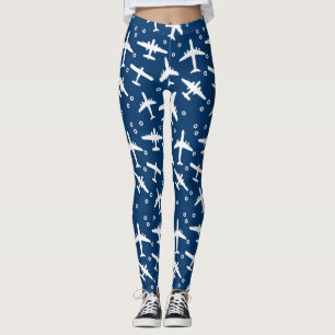 Dark Navy Blue and White Aircraft Pattern Leggings