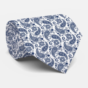 Dark Navy Blue and White Paisley Pattern Tie
