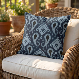 Dark Navy Blue Black Ikat Tribal Art Pattern Cushion