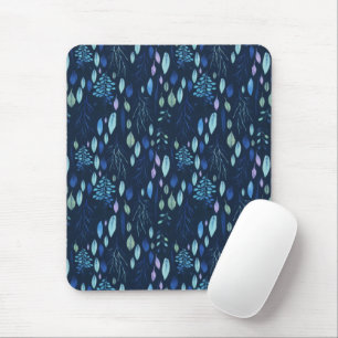 Dark Navy Blue Botanical Leaves Garden Watercolor Mouse Pad