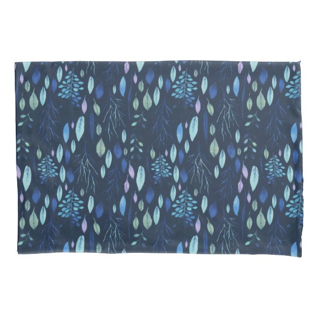 Dark Navy Blue Botanical Leaves Garden Watercolor Pillowcase (Front)