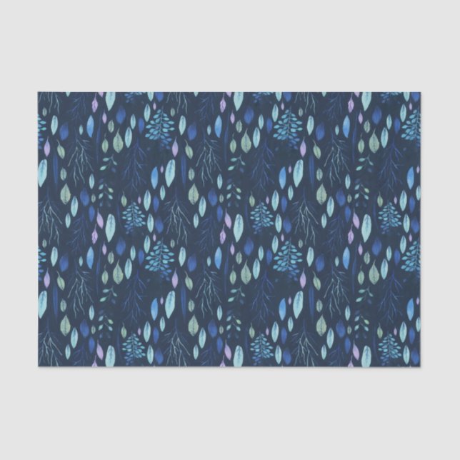 Dark Navy Blue Botanical Leaves Garden Watercolor Tissue Paper (Front)