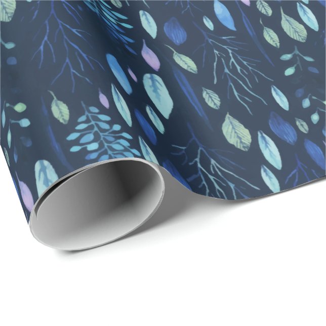 Dark Navy Blue Botanical Leaves Garden Watercolor Wrapping Paper (Roll Corner)