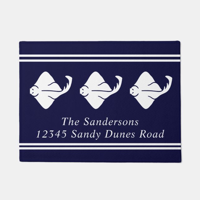 Dark Navy Blue Coastal Nautical Stingray Manta Ray Doormat (Front)