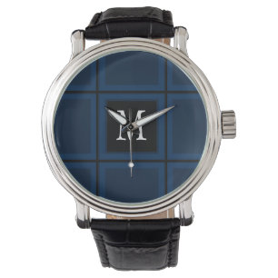 Dark Navy Blue Custom Single Initial Striped Watch