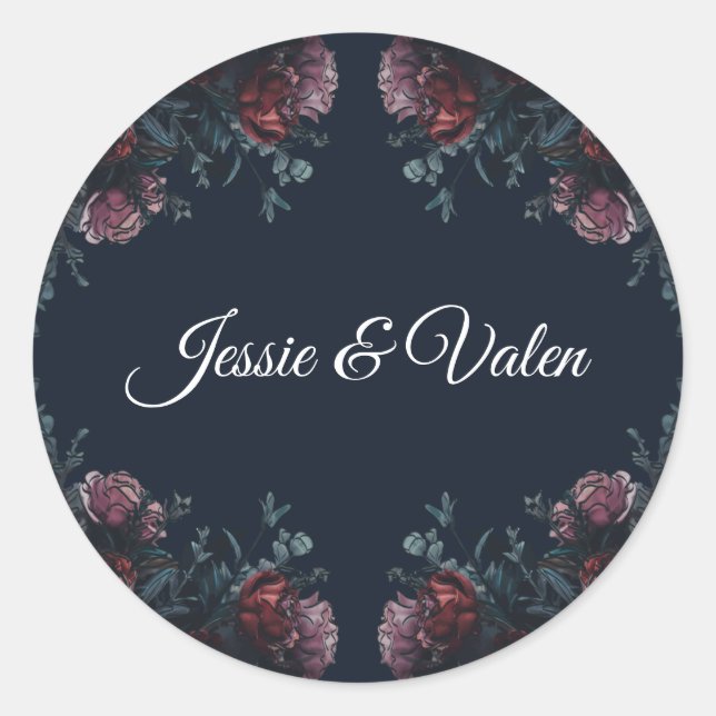 Dark Navy Blue Floral Elegant Wedding Maroon Mauve Classic Round Sticker (Front)