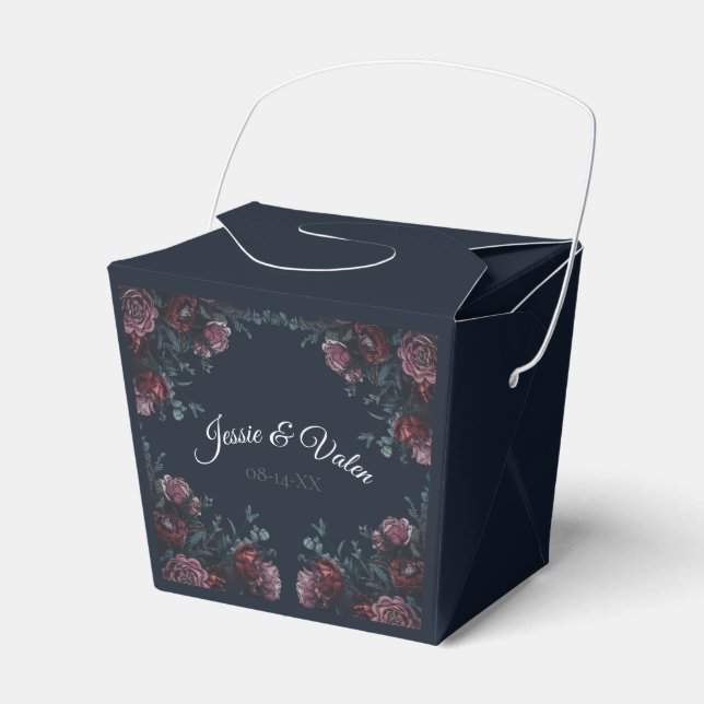 Dark Navy Blue Floral Elegant Wedding Maroon Mauve Favour Box (Front Side)
