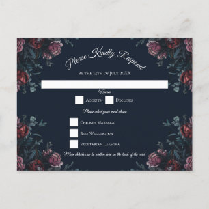 Dark Navy Blue Floral Elegant Wedding Maroon Mauve Holiday Postcard