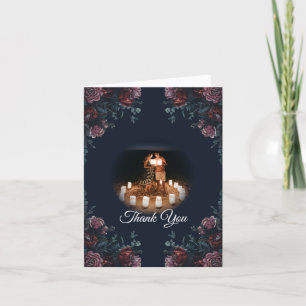 Dark Navy Blue Floral Elegant Wedding Maroon Mauve Thank You Card