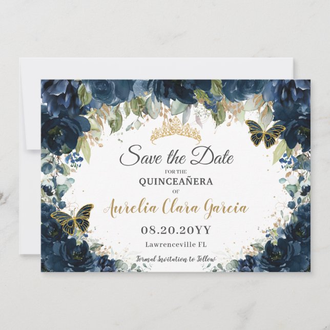 Dark Navy Blue Floral Quinceañera Save the Date (Front)
