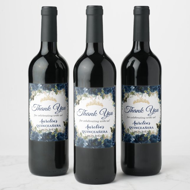 Dark Navy Blue Floral Roses Butterflies Favour Wine Label (Bottles)
