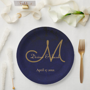 Dark Navy Blue Gold Floral Wedding Monogram Paper Plate