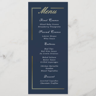 Dark Navy Blue Gold Frame White Script Simple Menu