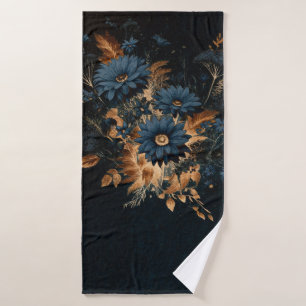 Dark Navy Blue & Gold Rustic Floral Glam Boho  Bath Towel Set