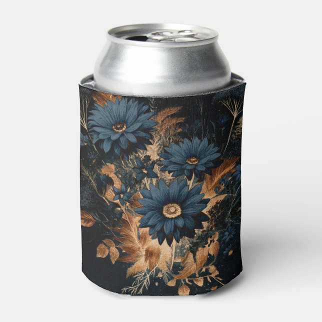 Dark Navy Blue & Gold Rustic Floral Glam Boho  Can Cooler (Can Front)