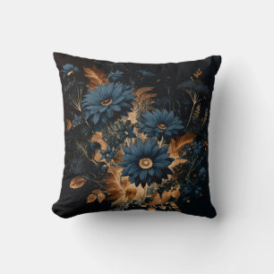 Dark Navy Blue & Gold Rustic Floral Glam Boho  Cushion