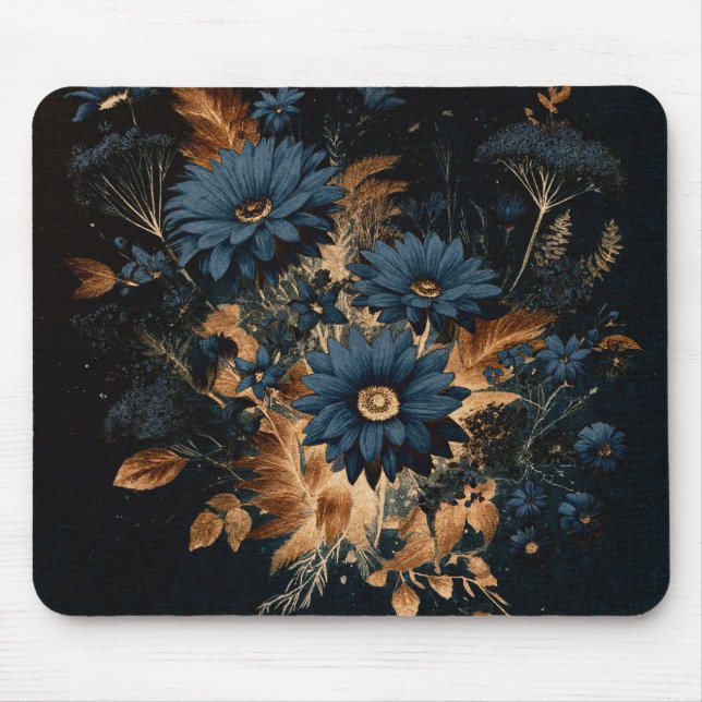 Dark Navy Blue & Gold Rustic Floral Glam Boho  Mouse Pad (Front)