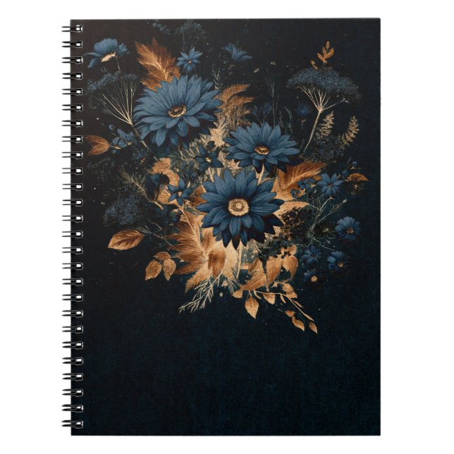 Dark Navy Blue & Gold Rustic Floral Glam Boho  Notebook (Front)